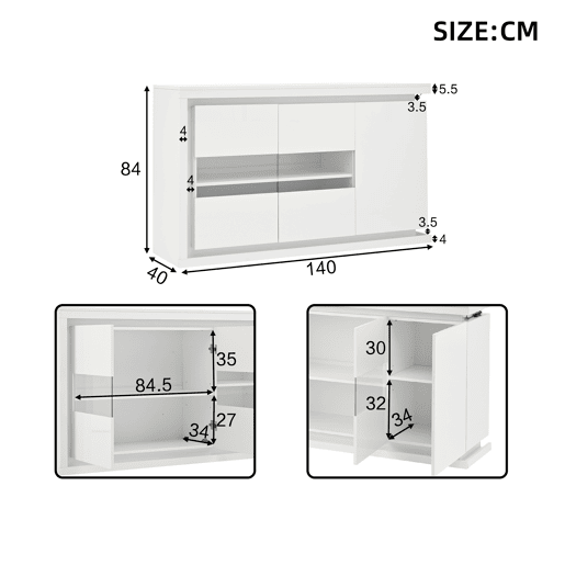 Aparador de painel de partículas com 3 portas e luz led,branco