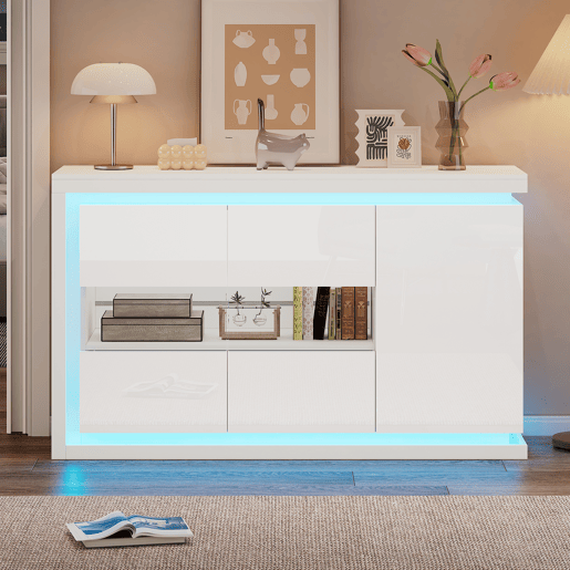 Aparador de painel de partículas com 3 portas e luz led,branco
