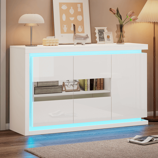 Aparador de painel de partículas com 3 portas e luz led,branco
