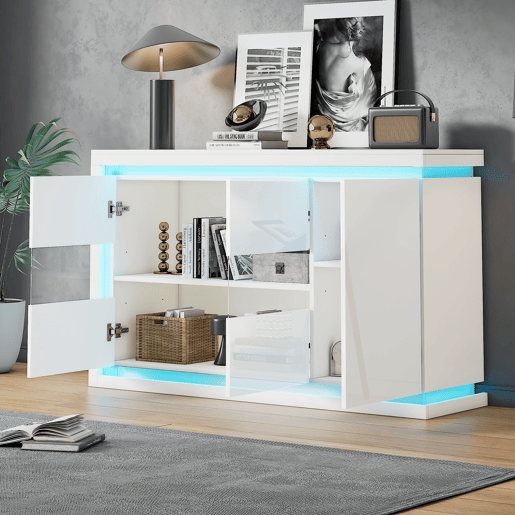 Aparador de painel de partículas com 3 portas e luz led,branco