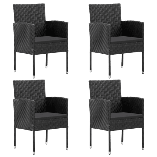 Cadeiras de jardim - Cadeiras de exterior com almofadões pretos 4 pcs vime PE preto Cadeiras de jardim - Cadeiras de exterior com almofadões pretos 4 pcs vime PE preto