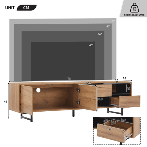 Móvel de TV 173 cm de painel de partículas com 2 portas e 2 gavetas,natural