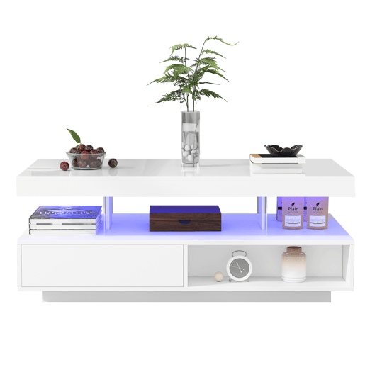 Mesa de centro retangular de painel de partículas com 2 gavetas e luz led,branco