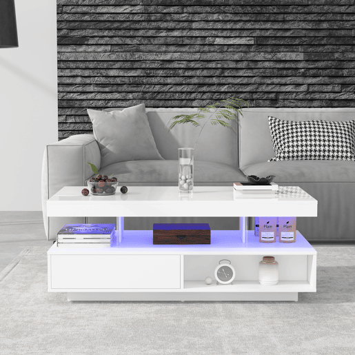 Mesa de centro retangular de painel de partículas com 2 gavetas e luz led,branco