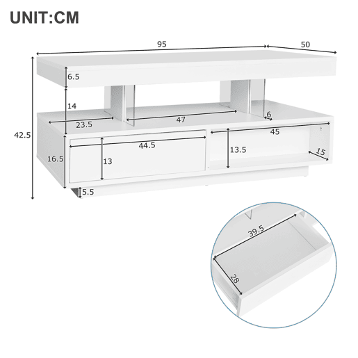 Mesa de centro retangular de painel de partículas com 2 gavetas e luz led,branco