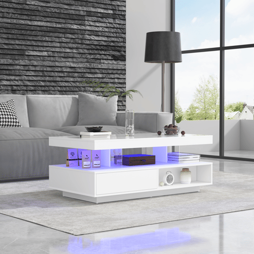 Mesa de centro retangular de painel de partículas com 2 gavetas e luz led,branco