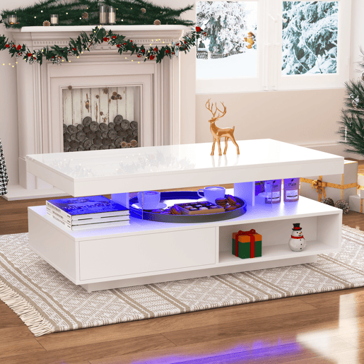 Mesa de centro retangular de painel de partículas com 2 gavetas e luz led,branco