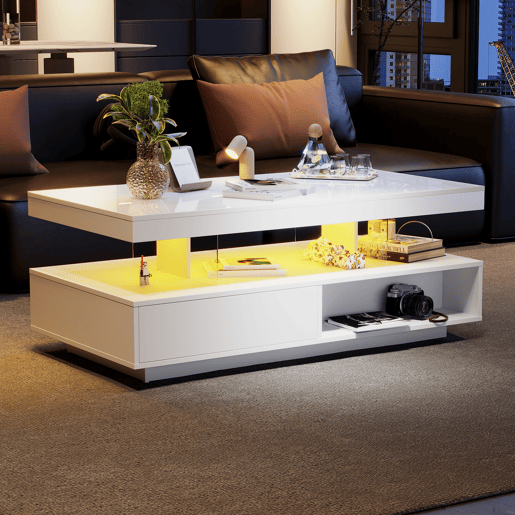 Mesa de centro retangular de painel de partículas com 2 gavetas e luz led,branco
