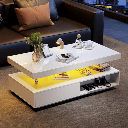 Mesa de centro retangular de painel de partículas com 2 gavetas e luz led,branco
