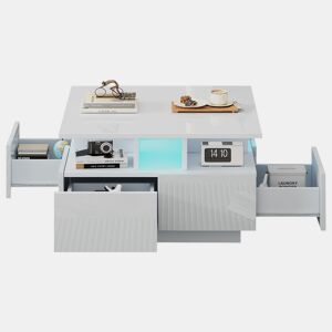 Mesa de centro quadrada de painel de partículas com 4 gavetas e luz led,branco