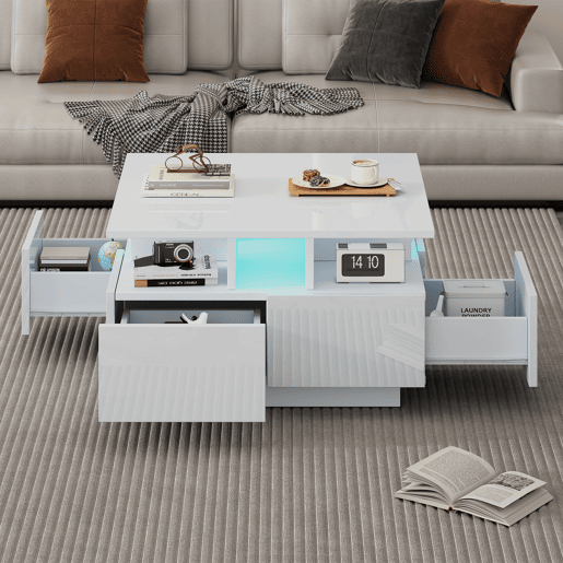 Mesa de centro quadrada de painel de partículas com 4 gavetas e luz led,branco