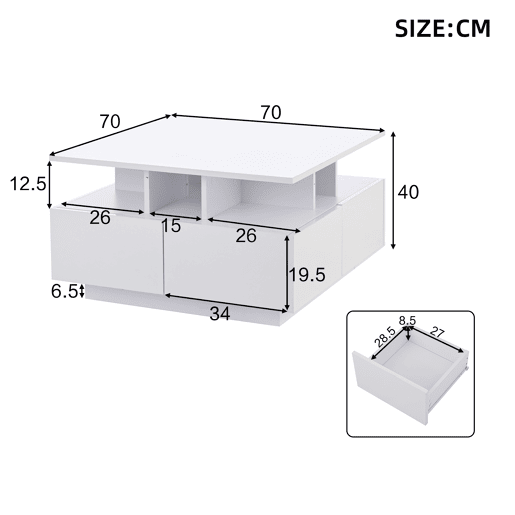 Mesa de centro quadrada de painel de partículas com 4 gavetas e luz led,branco
