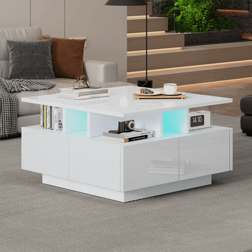 Mesa de centro quadrada de painel de partículas com 4 gavetas e luz led,branco