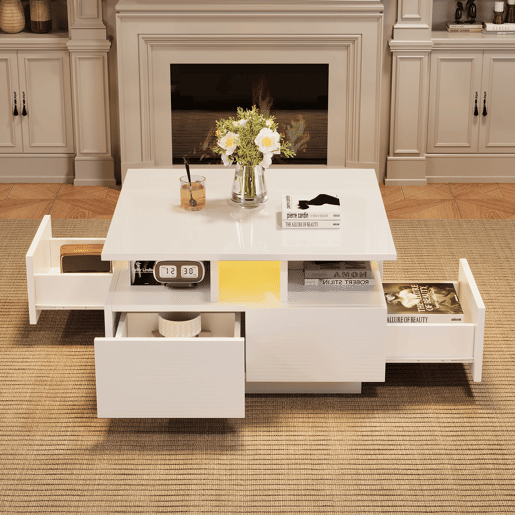 Mesa de centro quadrada de painel de partículas com 4 gavetas e luz led,branco