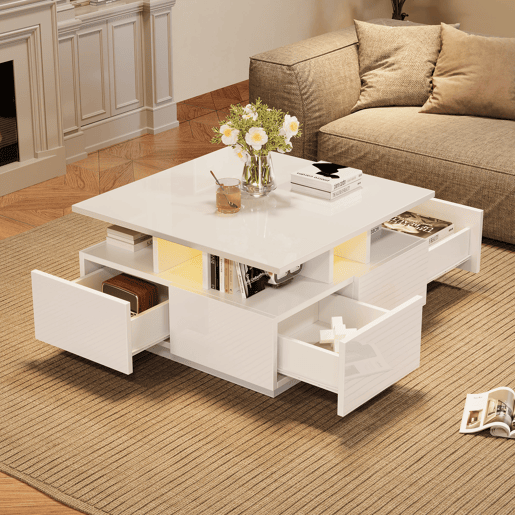 Mesa de centro quadrada de painel de partículas com 4 gavetas e luz led,branco