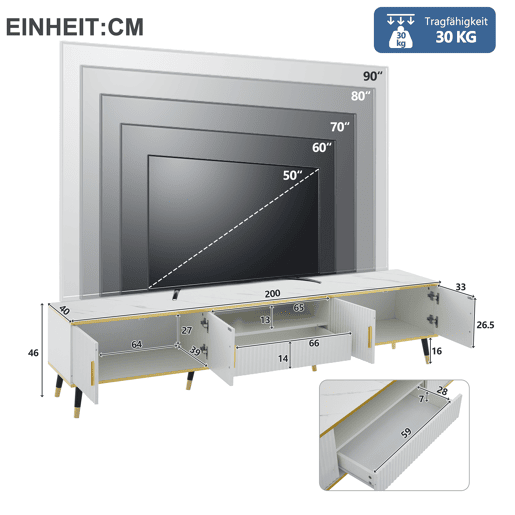 Móvel de TV 200 cm de painel de partículas com 4 portas e 1 gaveta,branco