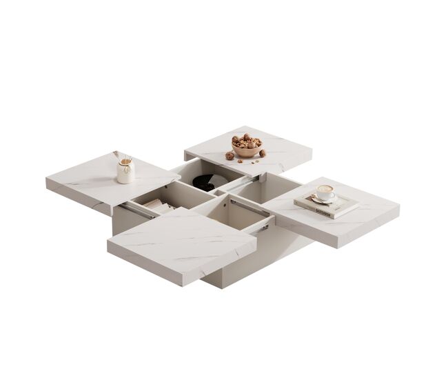 Mesa de centro cuadrada de panel de partículas con 4 cajones,blanco