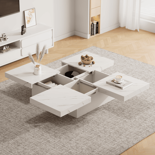 Mesa de centro quadrada de painel de partículas com 4 gavetas,branco