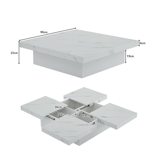 Mesa de centro quadrada de painel de partículas com 4 gavetas,branco
