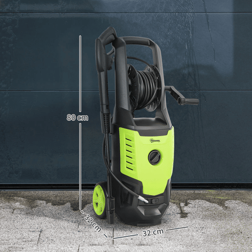Outsunny Lavadora de Alta Pressão 2200W Pressão 170 Bar Fluxo 420 Lh com Bomba de Alumínio Paragem Automática Mangueira de 6 m Inclui Garrafa de Espuma e Bico Ajustável 32x32x80 cm Verde e Preto