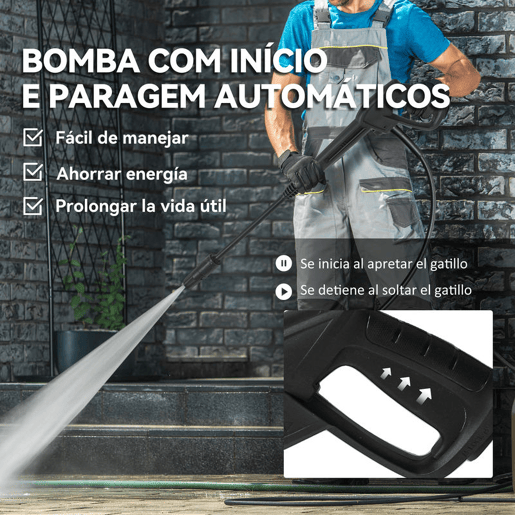 Outsunny Lavadora de Alta Pressão 2200W Pressão 170 Bar Fluxo 420 Lh com Bomba de Alumínio Paragem Automática Mangueira de 6 m Inclui Garrafa de Espuma e Bico Ajustável 32x32x80 cm Verde e Preto