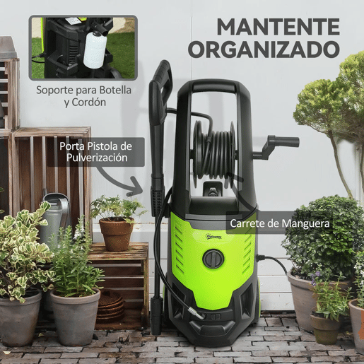Outsunny Lavadora de Alta Pressão 2200W Pressão 170 Bar Fluxo 420 Lh com Bomba de Alumínio Paragem Automática Mangueira de 6 m Inclui Garrafa de Espuma e Bico Ajustável 32x32x80 cm Verde e Preto