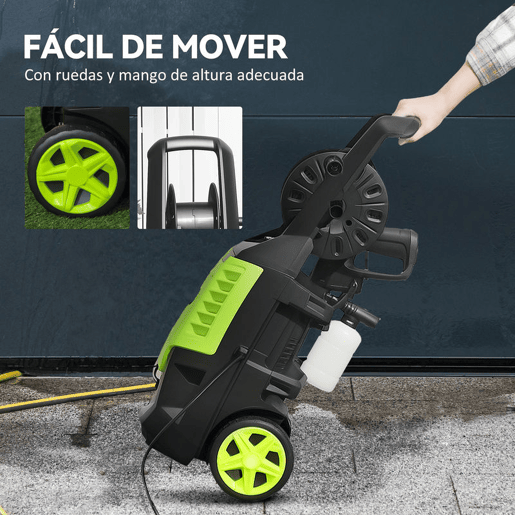 Outsunny Lavadora de Alta Pressão 2200W Pressão 170 Bar Fluxo 420 Lh com Bomba de Alumínio Paragem Automática Mangueira de 6 m Inclui Garrafa de Espuma e Bico Ajustável 32x32x80 cm Verde e Preto