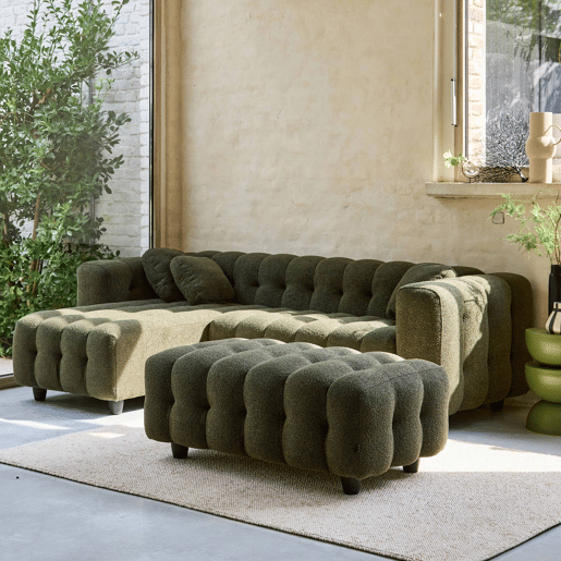 Puff para sofá textura boucle de 3 lugares, Leon boucle, Verde caqui, 115x70x48 cm