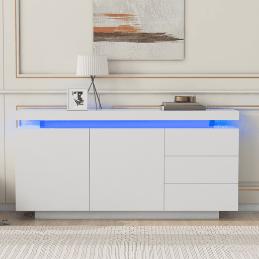 Aparador de painel de partículas com 2 portas,3 gavetas e luz led,branco
