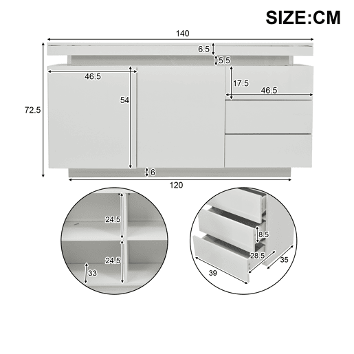 Aparador de painel de partículas com 2 portas,3 gavetas e luz led,branco