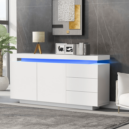 Aparador de painel de partículas com 2 portas,3 gavetas e luz led,branco