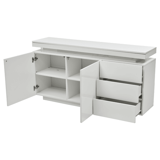 Aparador de painel de partículas com 2 portas,3 gavetas e luz led,branco