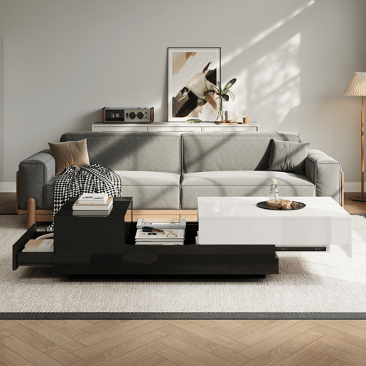 Mesa de centro retangular de painel de partÃculas com 2 gavetas,preto+branco Mesa de centro retangular de painel de partÃculas com 2 gavetas,preto+branco