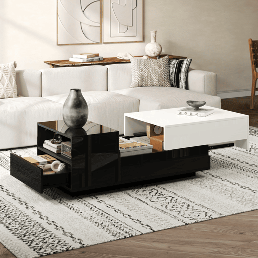 Mesa de centro retangular de painel de partÃculas com 2 gavetas,preto+branco Mesa de centro retangular de painel de partÃculas com 2 gavetas,preto+branco
