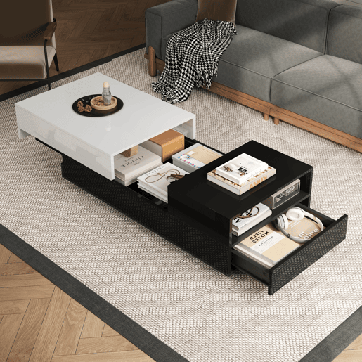 Mesa de centro retangular de painel de partÃculas com 2 gavetas,preto+branco Mesa de centro retangular de painel de partÃculas com 2 gavetas,preto+branco