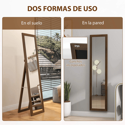 HOMCOM Espelho de Corpo Inteiro 37x155 cm Espelho de Pé Espelho de Parede Retangular com Estrutura de Madeira Decorativo para Sala de Estar Dormitório Corredor Nogueira