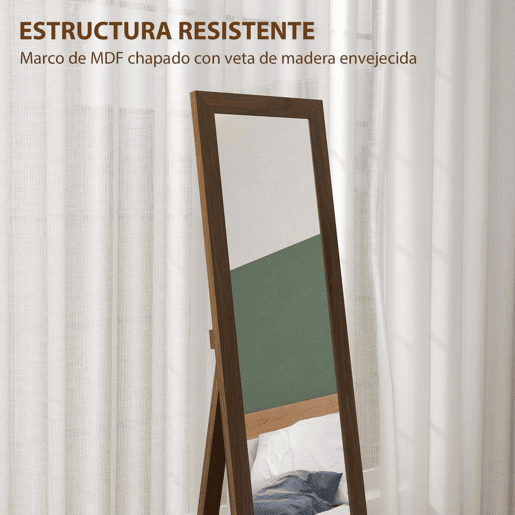 HOMCOM Espelho de Corpo Inteiro 37x155 cm Espelho de Pé Espelho de Parede Retangular com Estrutura de Madeira Decorativo para Sala de Estar Dormitório Corredor Nogueira
