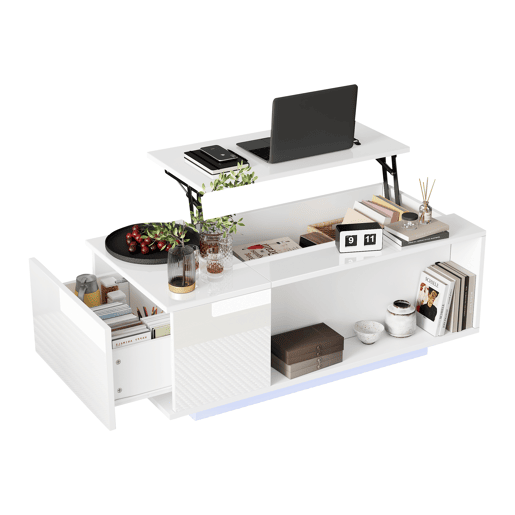 Mesa de centro elevável retangular de painel de partículas com luz led,branco Mesa de centro elevável retangular de painel de partículas com luz led,branco