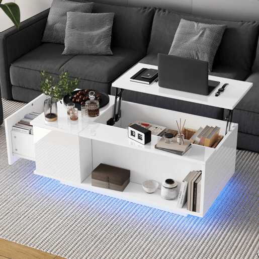 Mesa de centro elevável retangular de painel de partículas com luz led,branco Mesa de centro elevável retangular de painel de partículas com luz led,branco