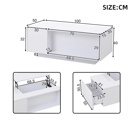 Mesa de centro elevável retangular de painel de partículas com luz led,branco Mesa de centro elevável retangular de painel de partículas com luz led,branco