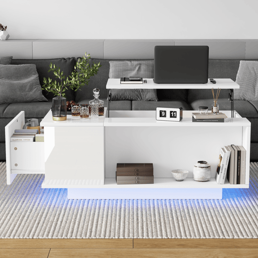 Mesa de centro elevável retangular de painel de partículas com luz led,branco Mesa de centro elevável retangular de painel de partículas com luz led,branco