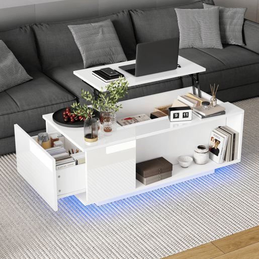 Mesa de centro elevável retangular de painel de partículas com luz led,branco Mesa de centro elevável retangular de painel de partículas com luz led,branco
