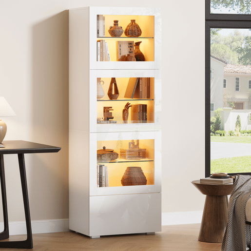 Vitrine de mdf com 3 portas,1 gaveta e luz led,branco Vitrine de mdf com 3 portas,1 gaveta e luz led,branco