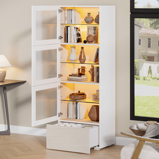 Vitrine de mdf com 3 portas,1 gaveta e luz led,branco Vitrine de mdf com 3 portas,1 gaveta e luz led,branco