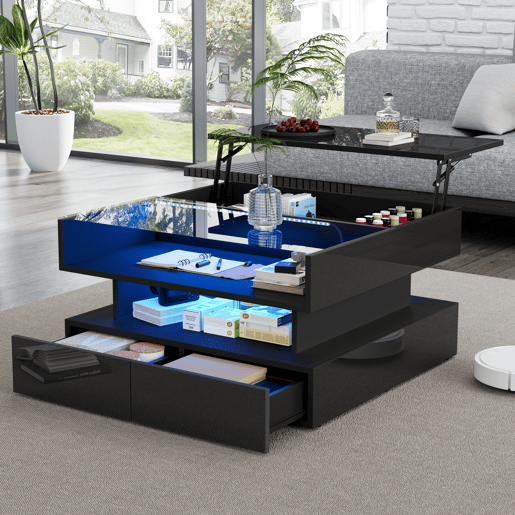 Mesa de centro elevável retangular de painel de partículas com luz led,preto Mesa de centro elevável retangular de painel de partículas com luz led,preto