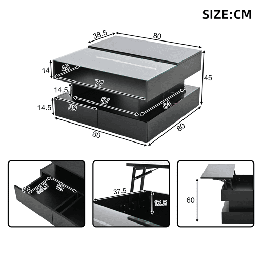 Mesa de centro elevável retangular de painel de partículas com luz led,preto Mesa de centro elevável retangular de painel de partículas com luz led,preto