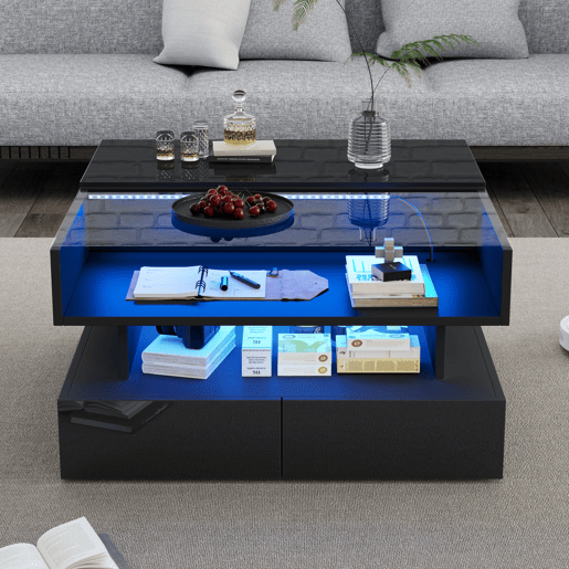 Mesa de centro elevável retangular de painel de partículas com luz led,preto Mesa de centro elevável retangular de painel de partículas com luz led,preto