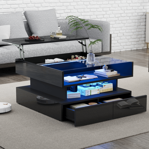 Mesa de centro elevável retangular de painel de partículas com luz led,preto Mesa de centro elevável retangular de painel de partículas com luz led,preto