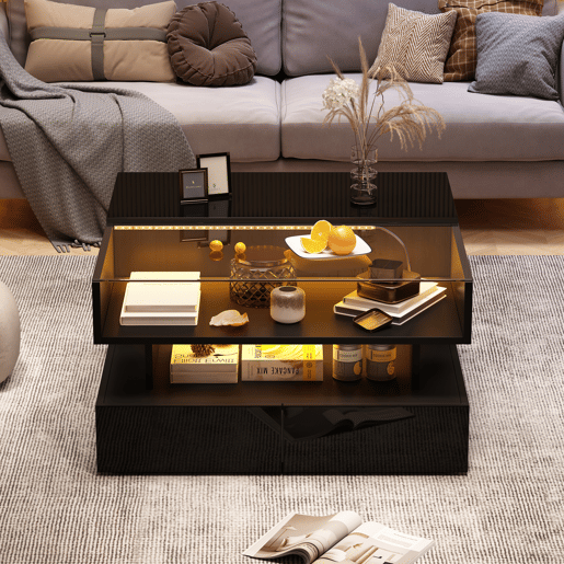 Mesa de centro elevável retangular de painel de partículas com luz led,preto Mesa de centro elevável retangular de painel de partículas com luz led,preto