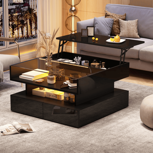 Mesa de centro elevável retangular de painel de partículas com luz led,preto Mesa de centro elevável retangular de painel de partículas com luz led,preto